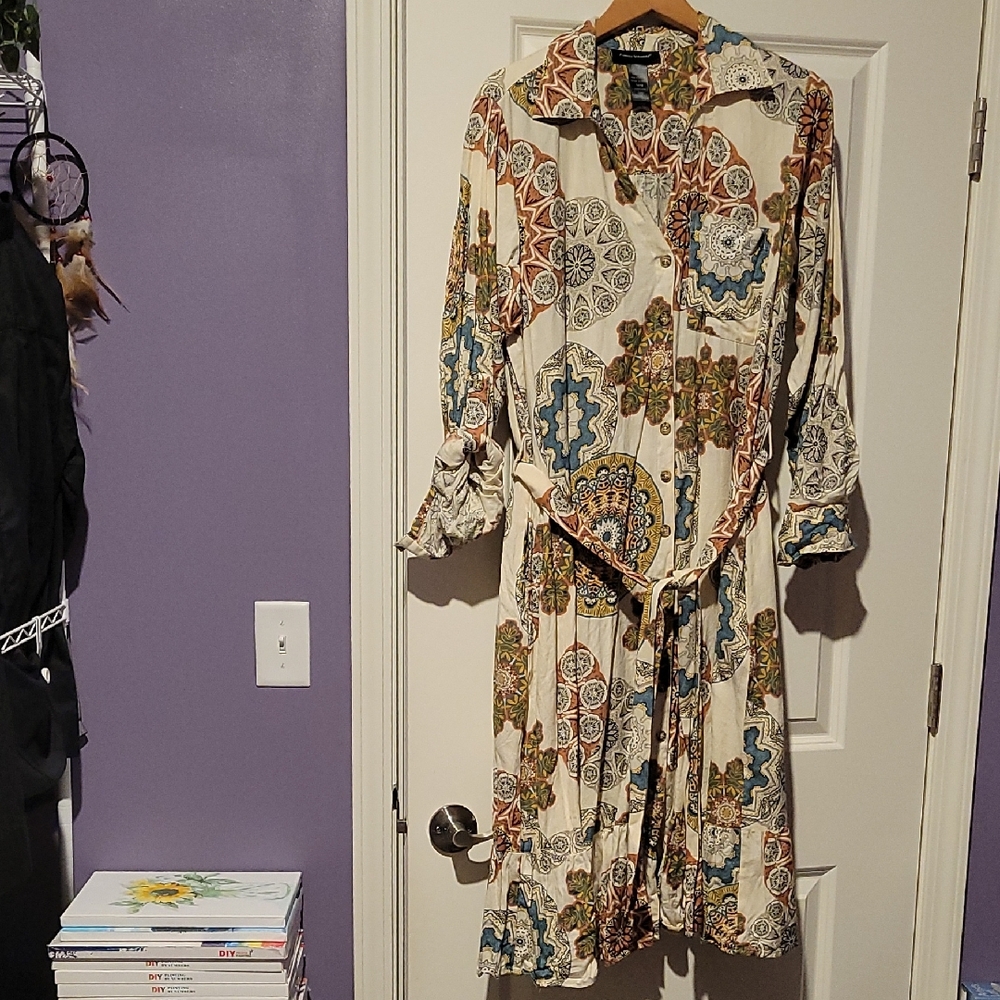 Ashley Stewart Brown Tan Long Sleeve Shirt Dress